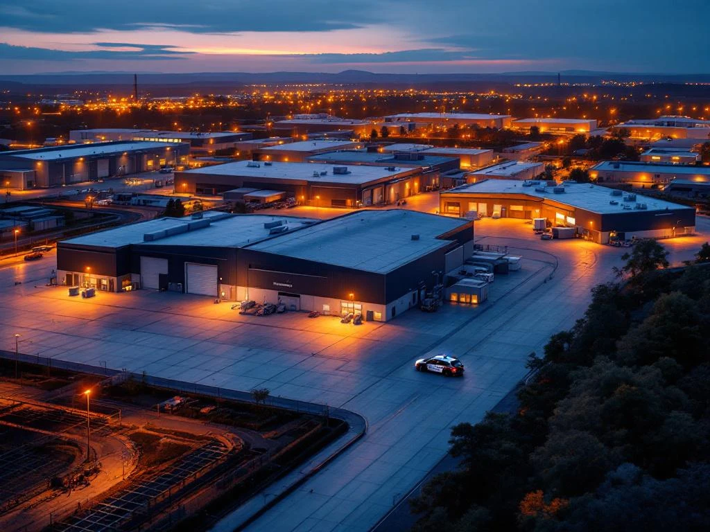 Luchtfoto van industrieel complex bij schemering met Marshall Security patrouillewagen en beveiligingscamera's