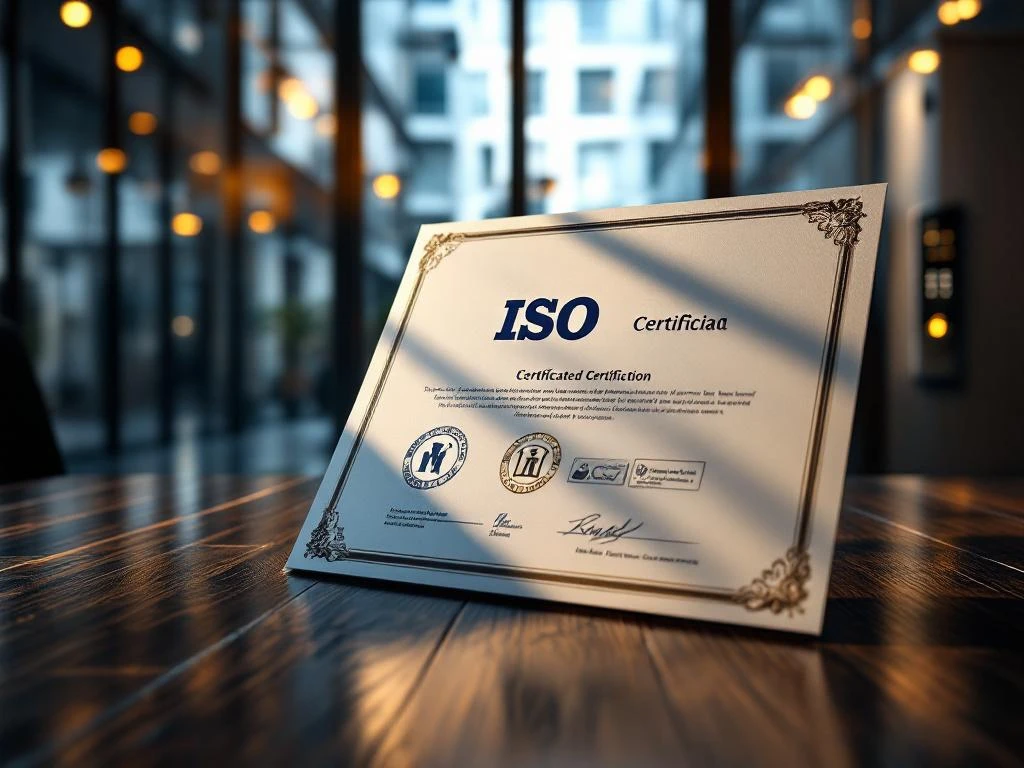 ISO-certificatiedocument met officiële zegels op donkere houten bureau, modern kantoorgebouw met beveiligingssystemen op achtergrond