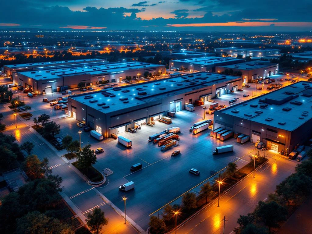 Luchtfoto van modern logistiek magazijncomplex bij schemering met beveiligingscamera's, LED-verlichting en toegangspoorten