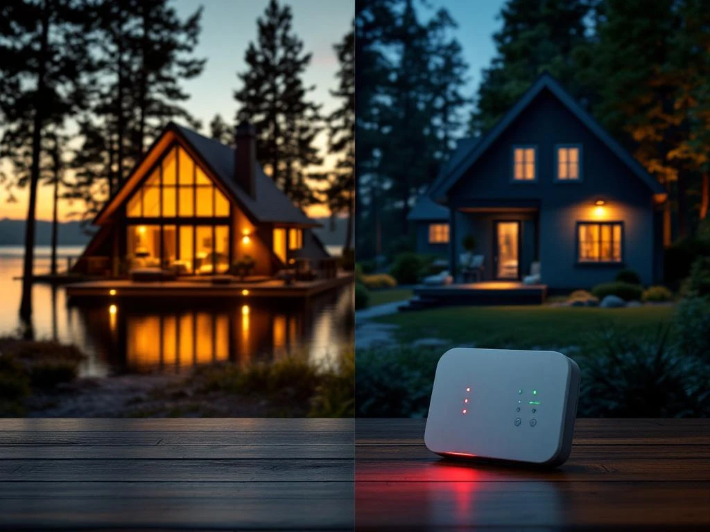 Luxe vakantiehuizen met beveiligingssysteem: moderne lakeside cabin bij zonsondergang en 's nachts met alarm, beveiligingsapparaat op voorgrond