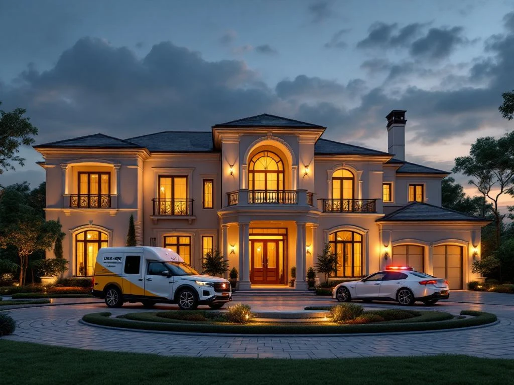 Luxe villa bij schemering met beveiligingscamera's, verlichting en bewakingsvoertuig in oprijlaan