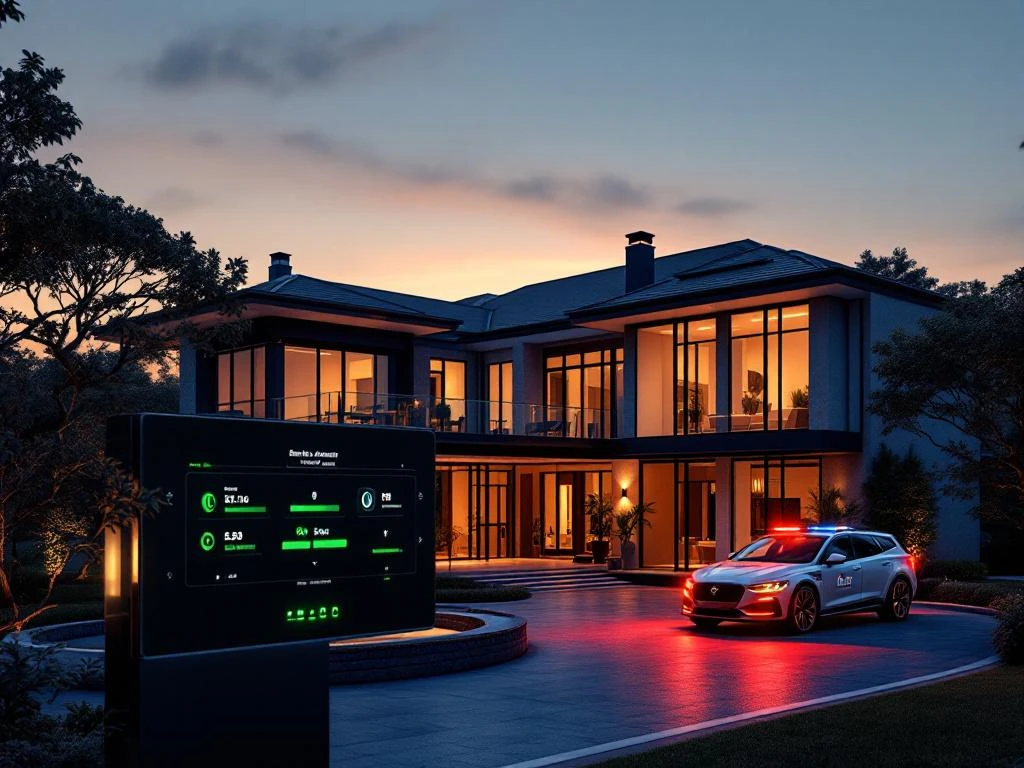 Luxe villa bij schemering met moderne beveiligingssystemen, verlichte ramen en beveiligingsvoertuig in oprit
