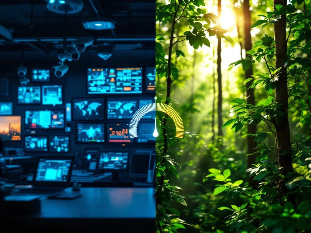 Gesplitst scherm toont moderne beveiligingscontrolekamer met blauwe monitors links en groene bos met zonlicht rechts, verbonden door energiemeter