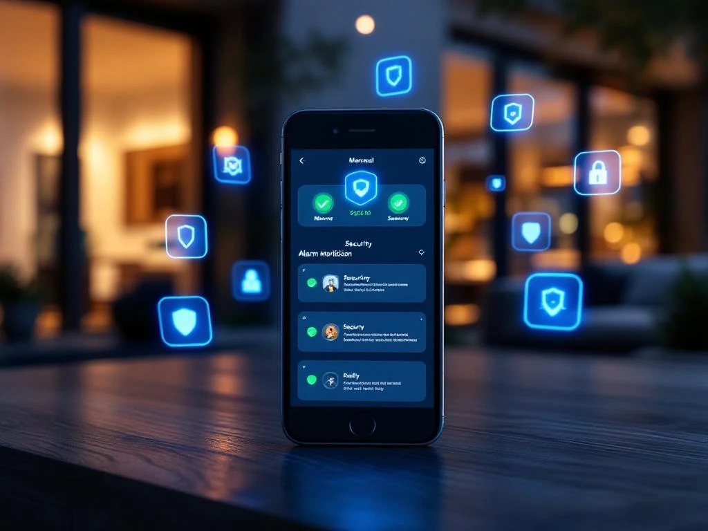 Smartphone met beveiligingsapp en groene vinkjes op donker hout, omringd door blauwe meldingen voor thuisbeveiliging