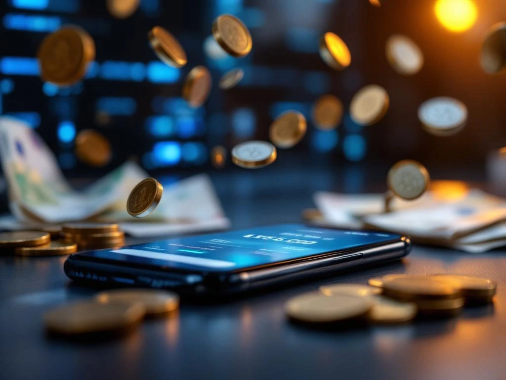 Smartphone met beveiligingsapp en kostencalculaties omringd door euro munten en bankbiljetten op donkere ondergrond
