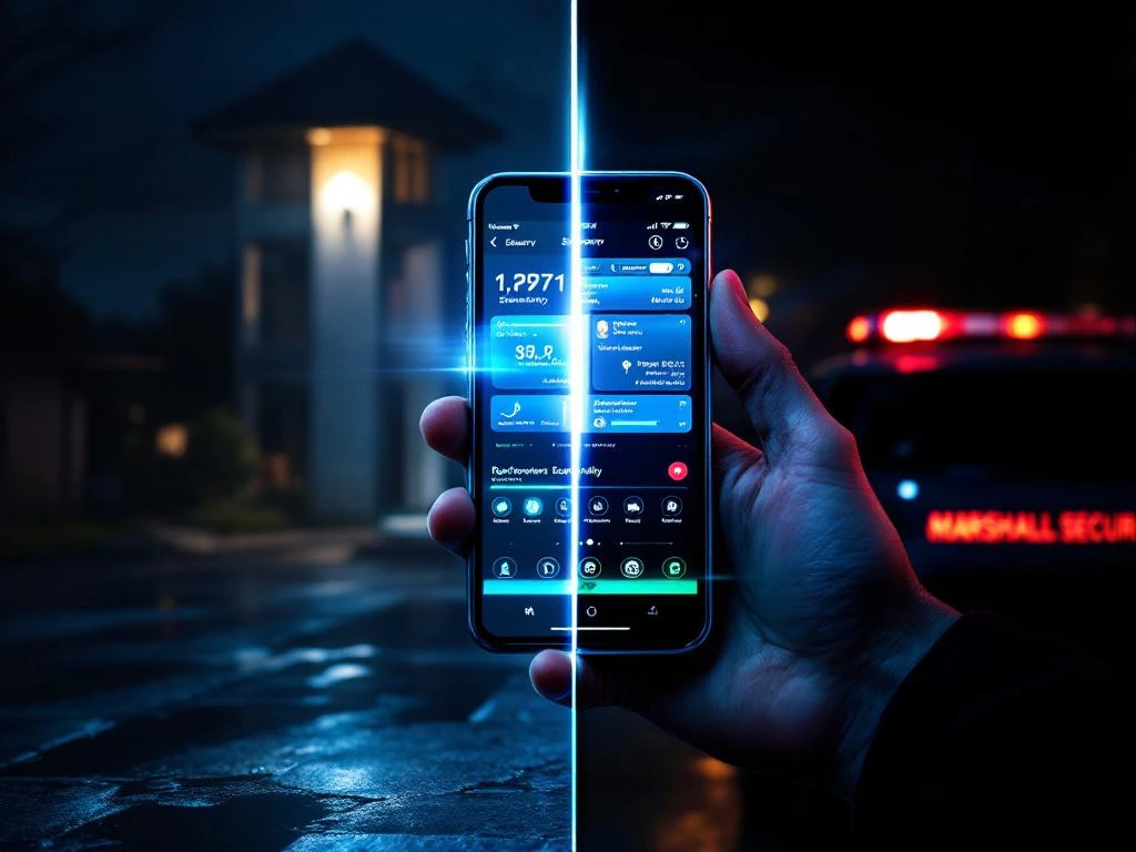 Smartphone met beveiligingsapp naast traditionele bewakingstoren, Marshall Security voertuig op achtergrond