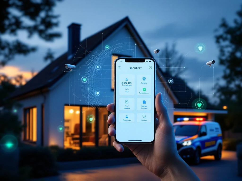 Modern Nederlands huis met beveiligingscamera's en smartphone app tijdens gouden uur, Marshall Security voertuig zichtbaar