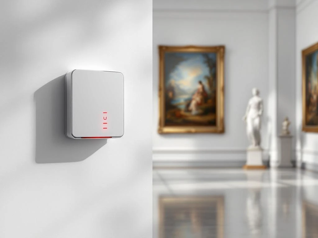 Moderne beveiligingssensor met rode LED-indicatoren bewaakt schilderijen en sculpturen in elegante museumgalerij