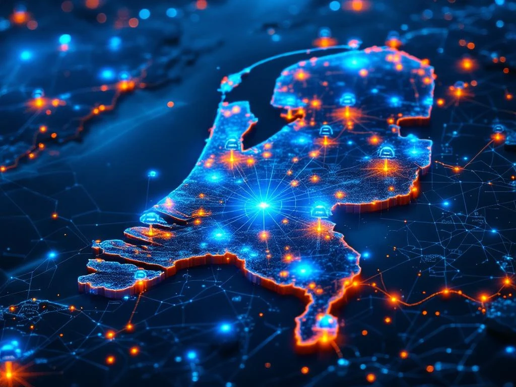 Luchtfoto van Nederland met beveiligingsnetwerk overlay in blauw en oranje, verbonden monitoringstations in grote steden