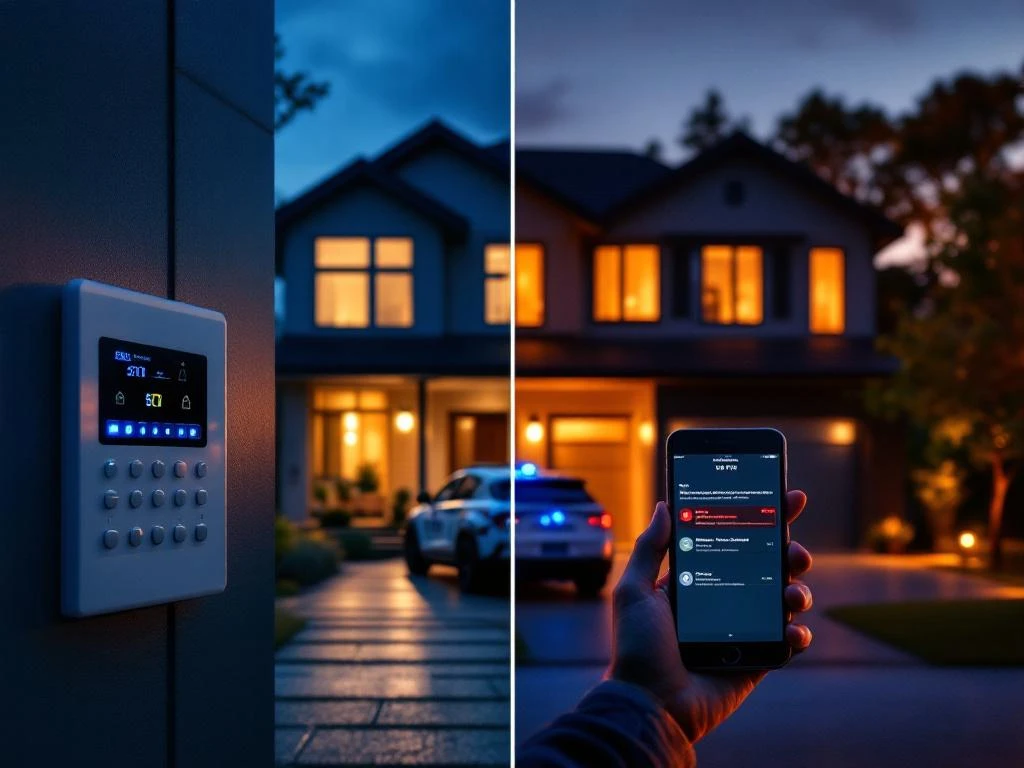 Vergelijking professionele beveiligingsmonitoring versus doe-het-zelf alarmsysteem in modern huis met dramatische verlichting