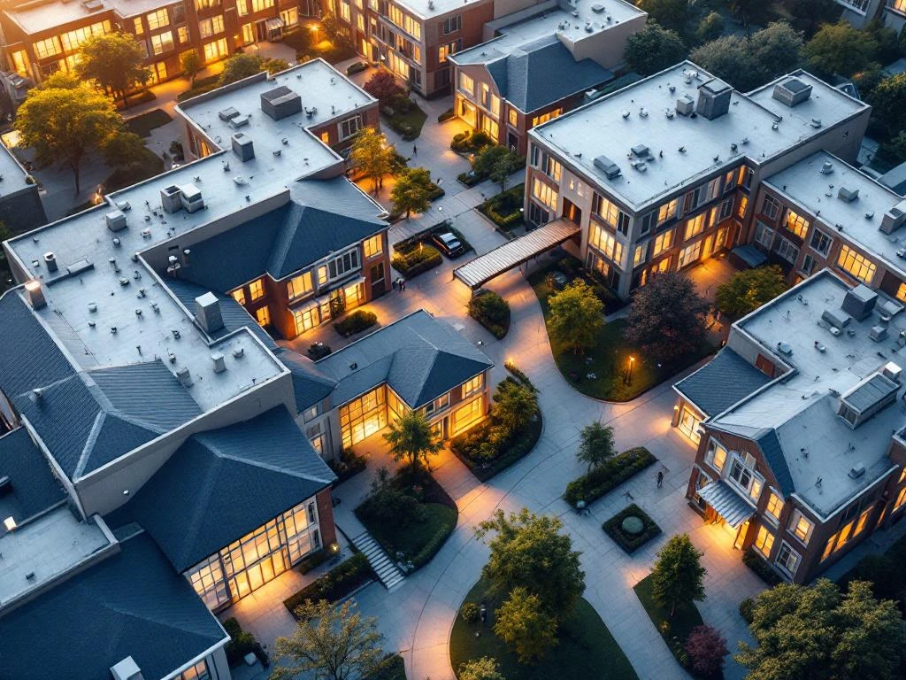 Luchtfoto van moderne schoolcampus met beveiligingscamera's, toegangscontrole en verlichte paden in blauw-wit kleurenschema