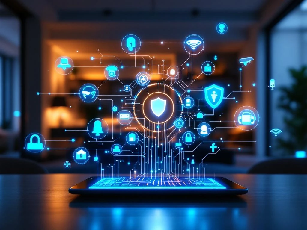 Smart home beveiligingspaneel met blauwe interface toont alarmstatus, omringd door holografische iconen van camera's en sensoren