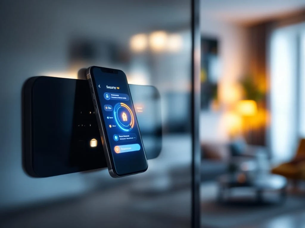 Smartphone met beveiligingsapp en gloeiende meldingen op modern thuisbeveiligingspaneel in hedendaags interieur
