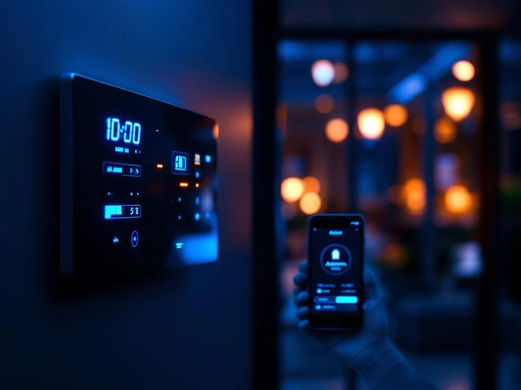 Moderne beveiligingspaneel met LED-indicators naast smartphone met beveiligingsapp, verlicht door blauw en amber licht