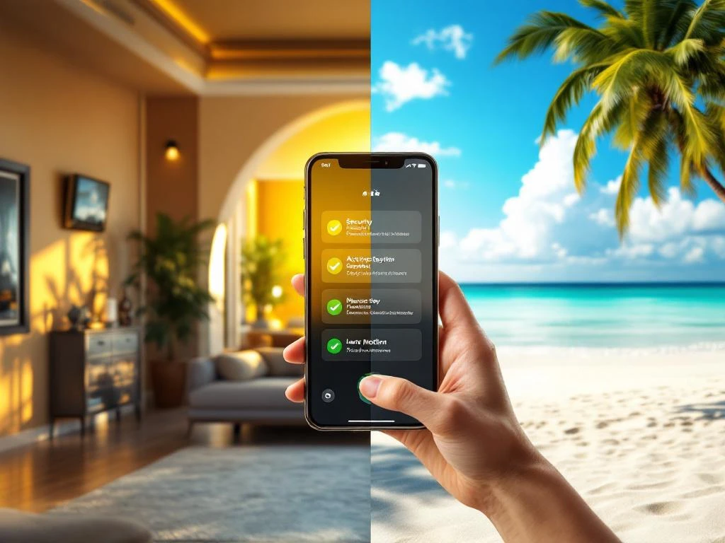 Smartphone toont beveiligingssysteem meldingen tussen luxe interieur met sensoren en tropisch strandvakantie tafereel