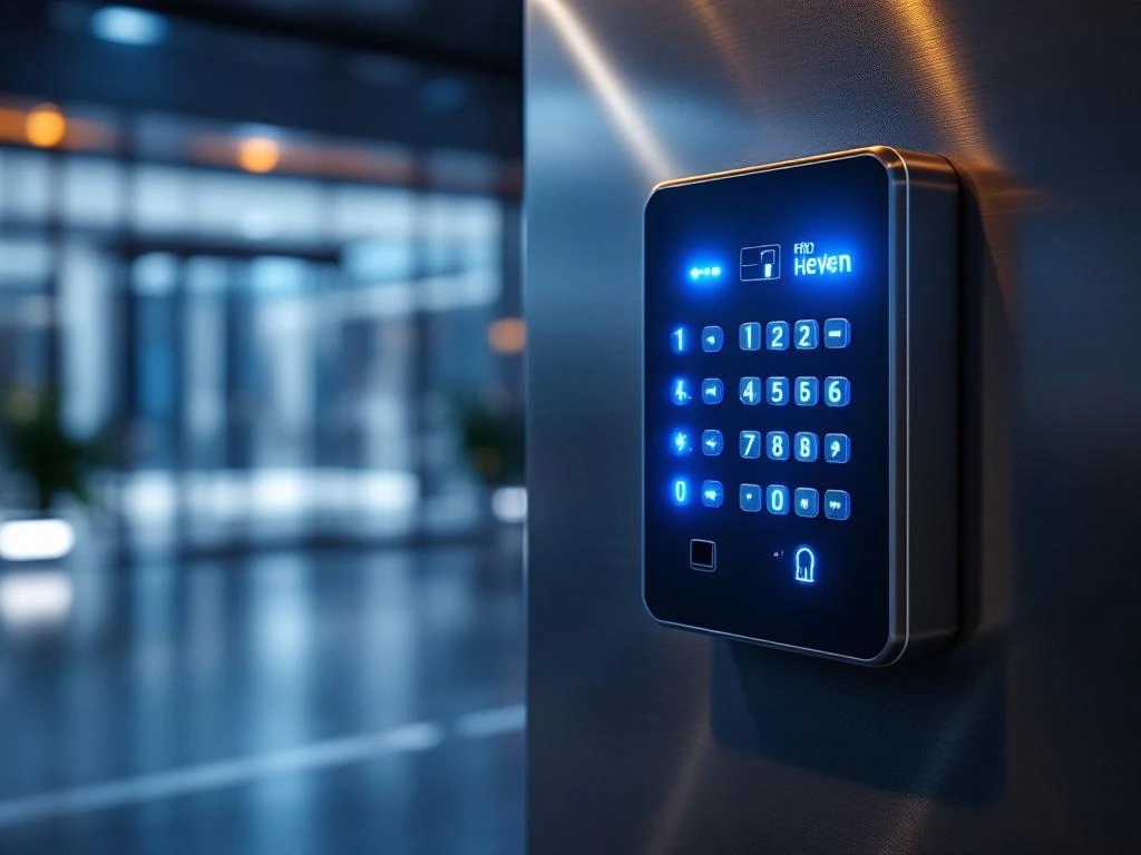 Moderne toegangscontrolepaneel met keypad, RFID-lezer en vingerafdrukscanner op metallic muur bij kantoorgebouw
