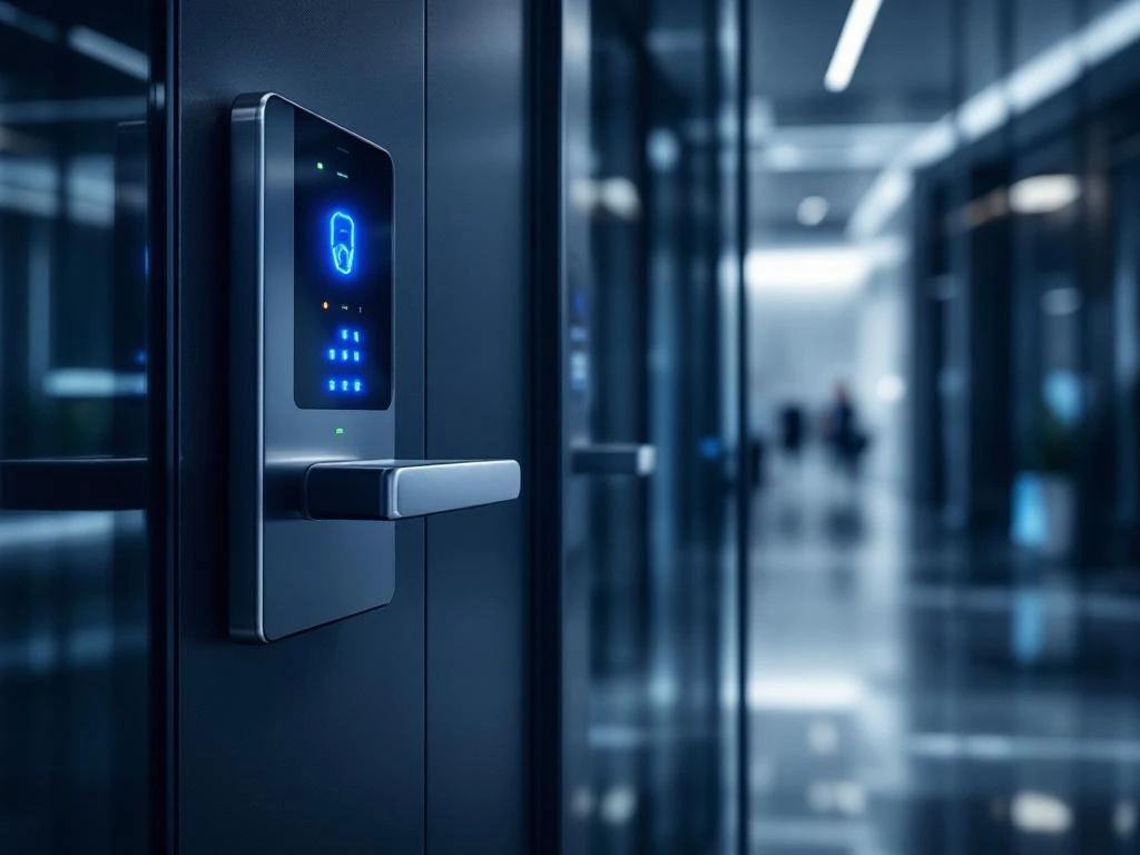 Moderne kantooringang met keycard toegangspaneel, vingerafdrukscanner en gezichtsherkenning in zakelijke lobby