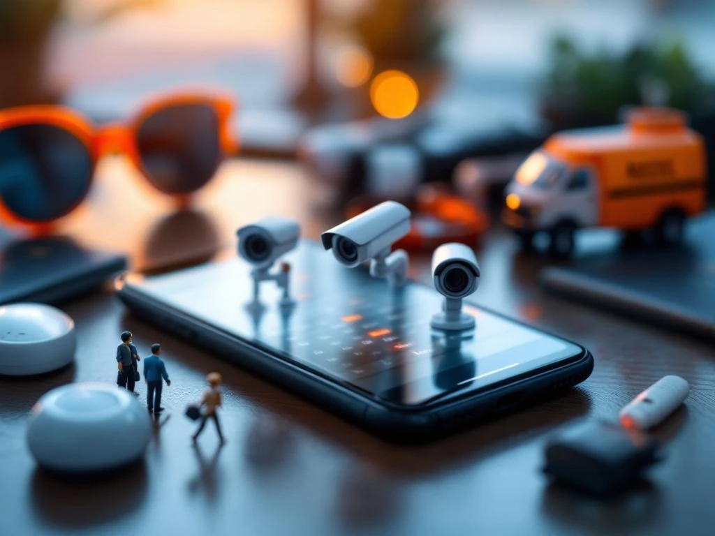Smartphone met kalender-app toont vakantiedatums, omringd door miniatuur beveiligingscamera's en Marshall Security voertuig