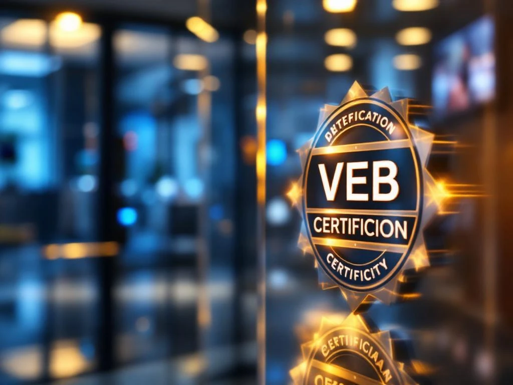 VEB certificatiebadge op glazen oppervlak met moderne kantoorbeveiliging op achtergrond in gouden verlichting