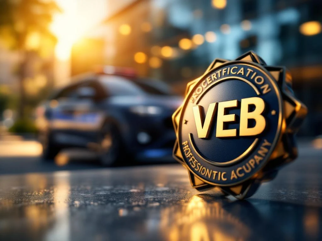 VEB certificatiebadge op donkere ondergrond met beveiligingsbedrijf en voertuig op achtergrond in gouden zonlicht