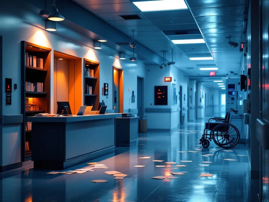Ziekenhuisgang met beveiligingsrisico's: onbeheerde receptie, open medicijnkast, geopende nooduitgangen en waarschuwingslichten