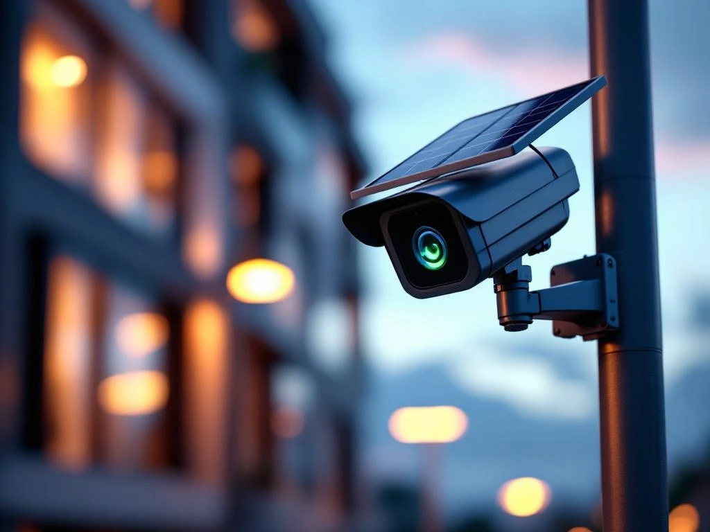 Moderne zonnepaneel beveiligingscamera op metalen paal met groene LED-indicator bij schemering met verlichte gebouwgevel