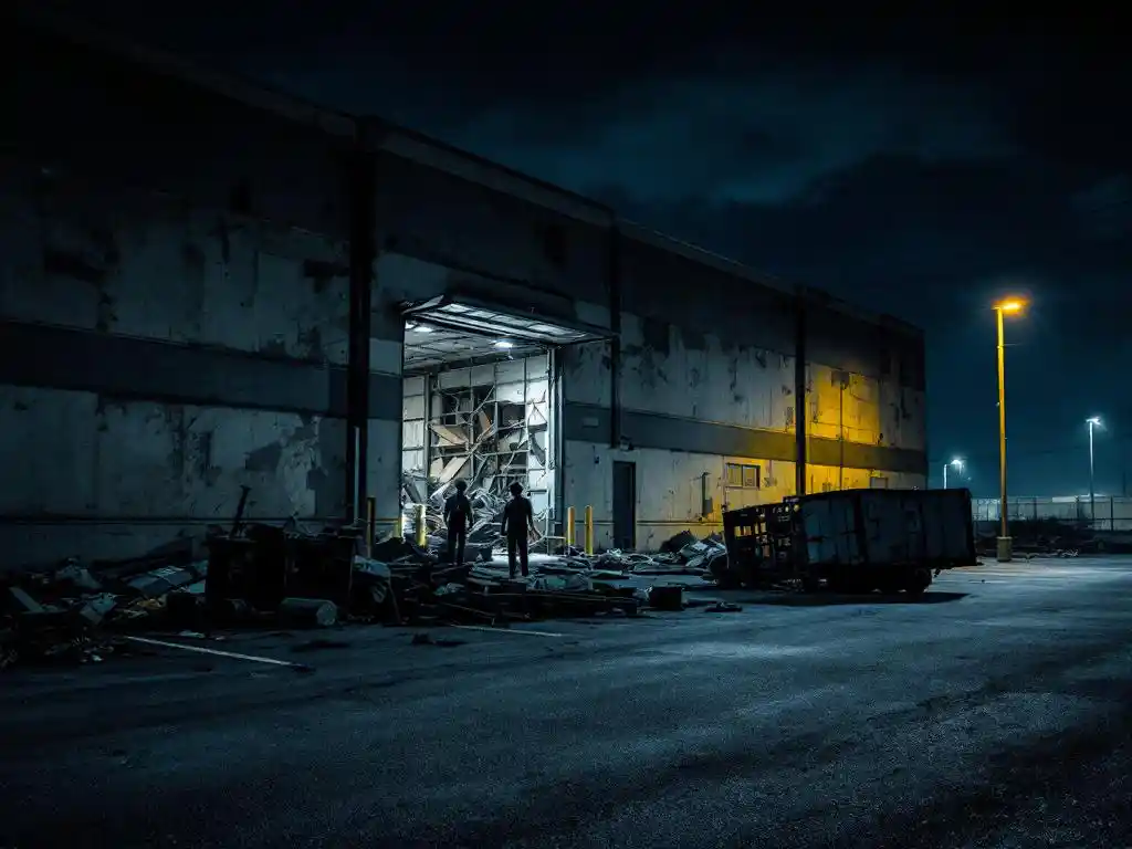 Verlaten commercieel gebouw 's nachts met kapotte ramen, open laaddeur en verspreid puin in donkere parkeerplaats
