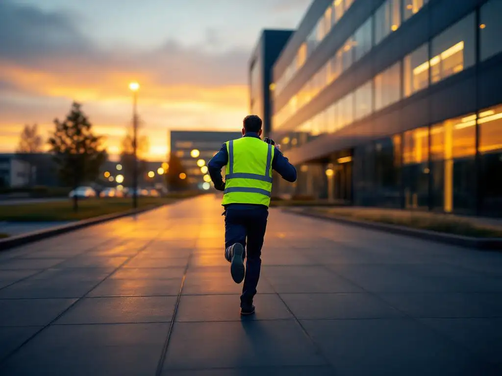 Beveiliger in gele reflecterende vest rent dringend over betonpad naar verlicht kantoorgebouw tijdens gouden uur