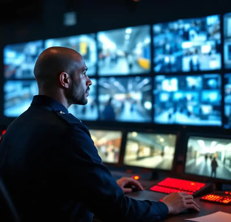 Beveiligingsmedewerker bewaakt meerdere surveillanceschermen in moderne controlekamer met blauwe monitorgloed