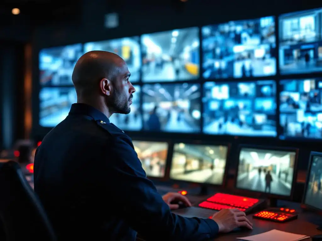 Beveiligingsmedewerker bewaakt meerdere surveillanceschermen in moderne controlekamer met blauwe monitorgloed