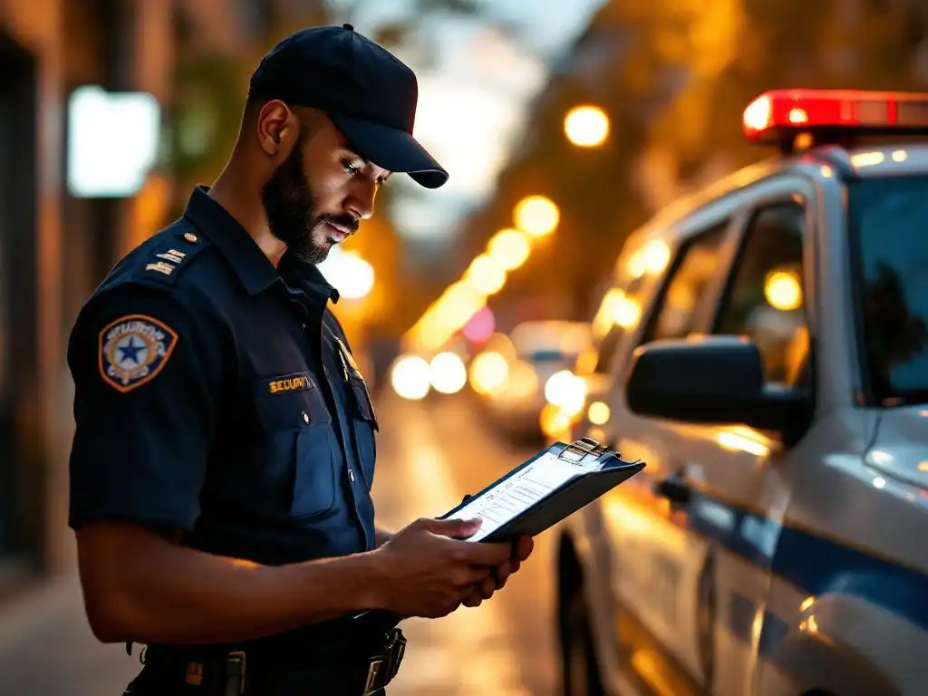 Professionele beveiliger in donkerblauwe uniform controleert checklist naast gemarkeerde patrouillevoertuig in zakenwijk