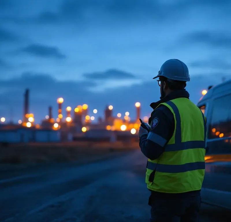 Beveiligingsbeambte in reflecterend vest naast patrouillevoertuig bij industriële faciliteit tijdens schemering, radio in hand