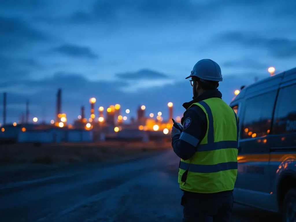 Beveiligingsbeambte in reflecterend vest naast patrouillevoertuig bij industriële faciliteit tijdens schemering, radio in hand