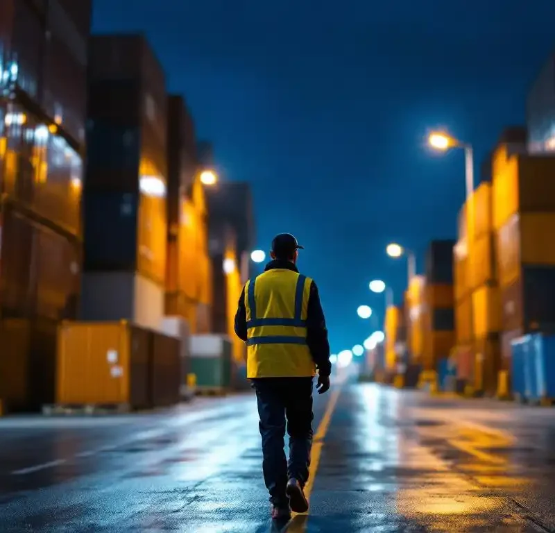 Beveiligingsbeambte in reflecterend vest inspecteert 's nachts industriële opslagfaciliteit tussen containers onder LED-verlichting