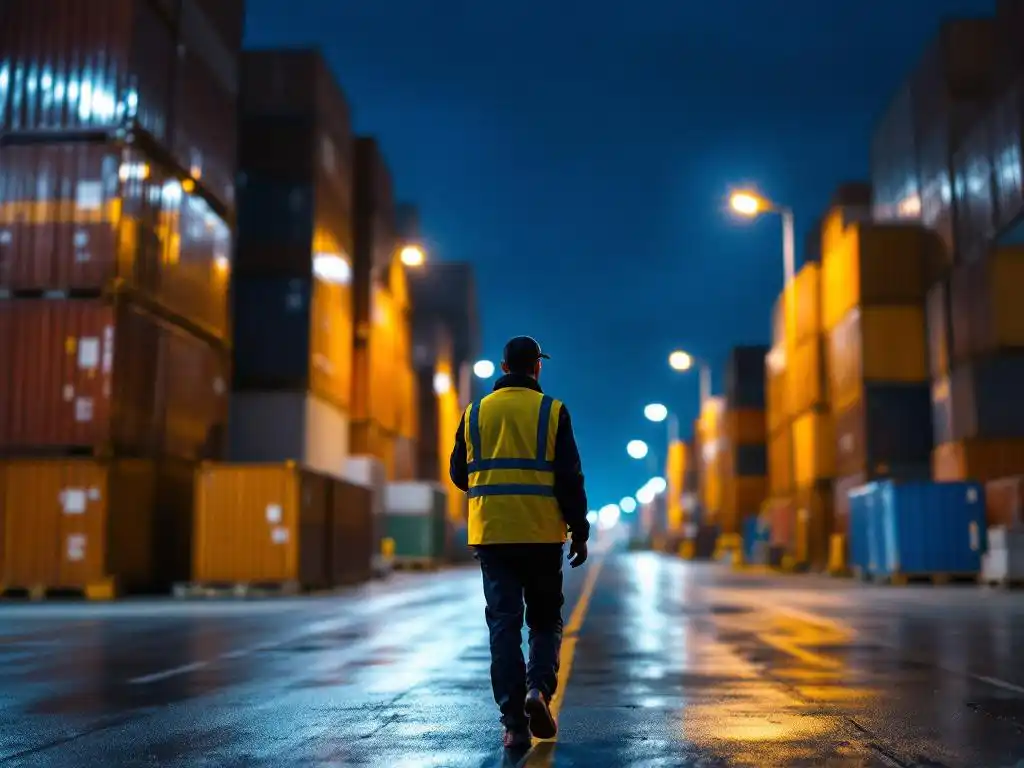 Beveiligingsbeambte in reflecterend vest inspecteert 's nachts industriële opslagfaciliteit tussen containers onder LED-verlichting