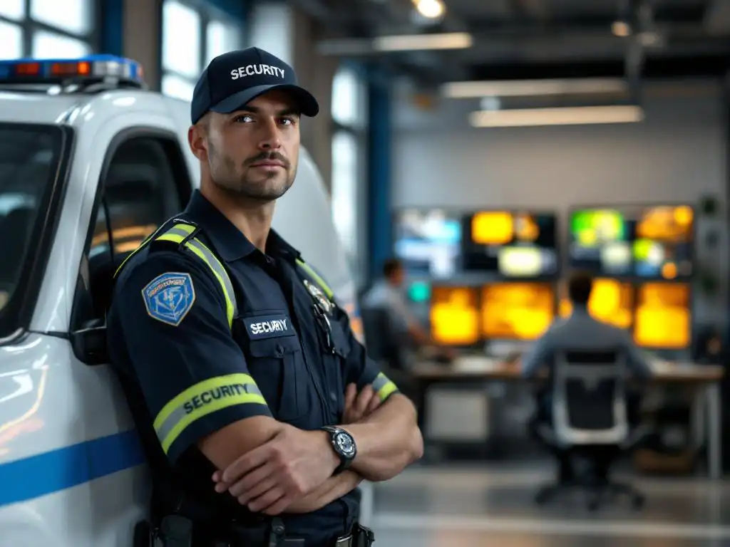 Beveiligingsmedewerker in uniform naast witte patrouillevoertuig terwijl collega bewakingsschermen monitort in moderne controleruimte