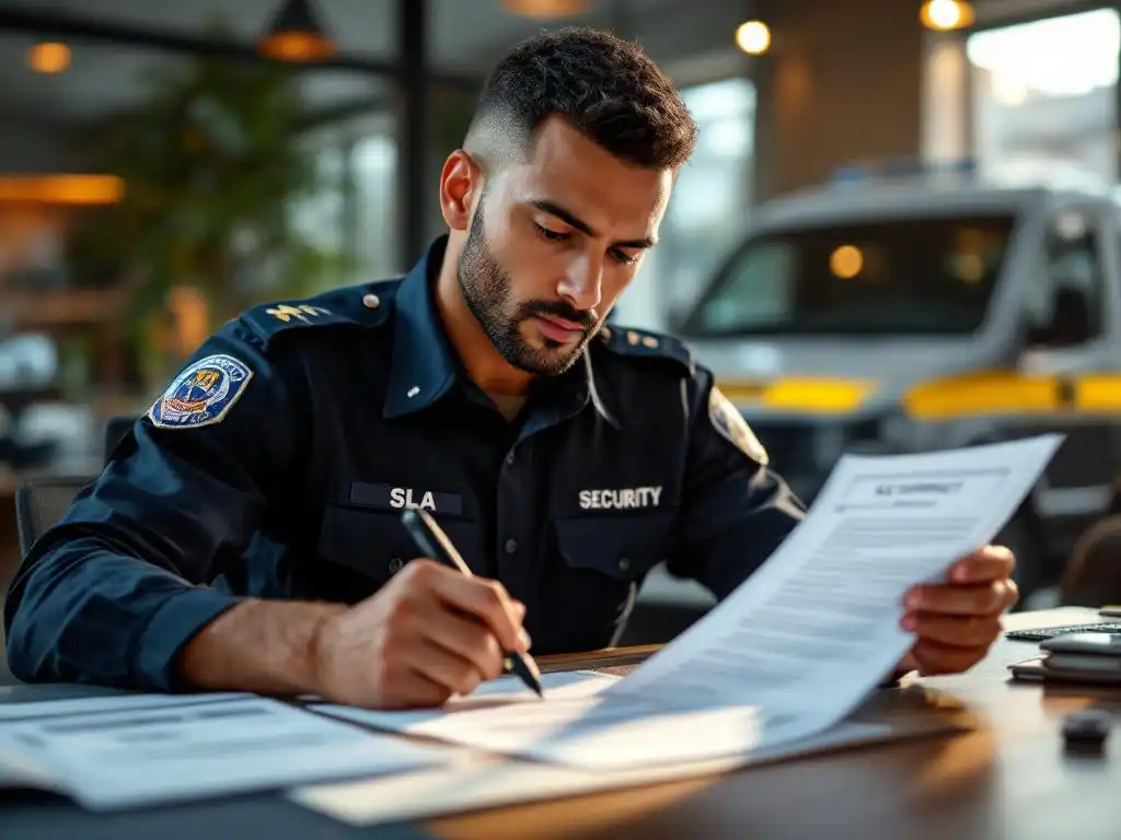 Beveiligingsbeambte in donkerblauw uniform bestudeert SLA-contract aan modern bureau met patrouillevoertuig op achtergrond