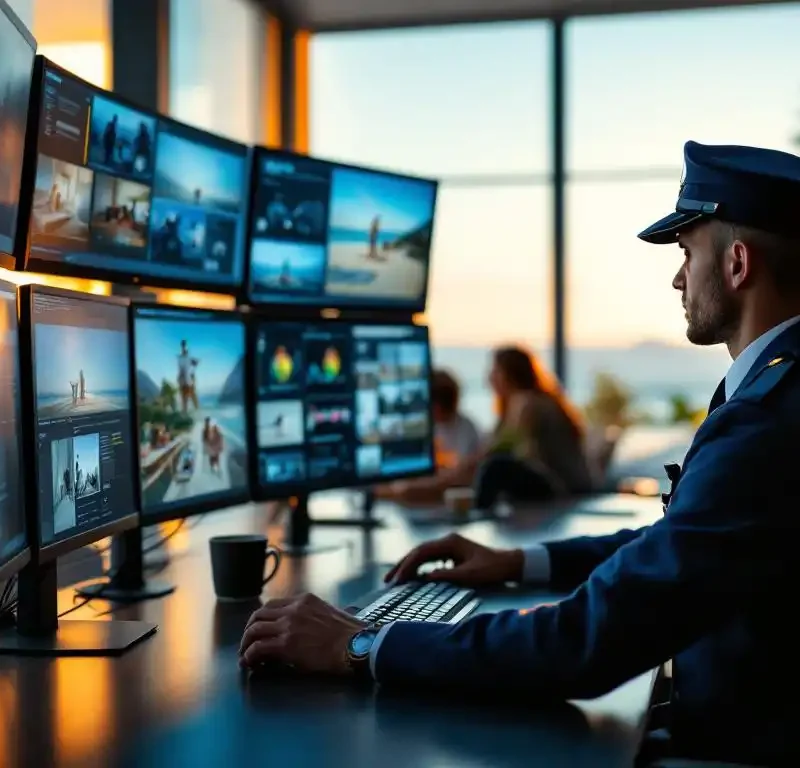Beveiligingsmedewerker monitort bewakingsschermen in moderne controlekamer terwijl familie ontspant op zonnig strand op achtergrond
