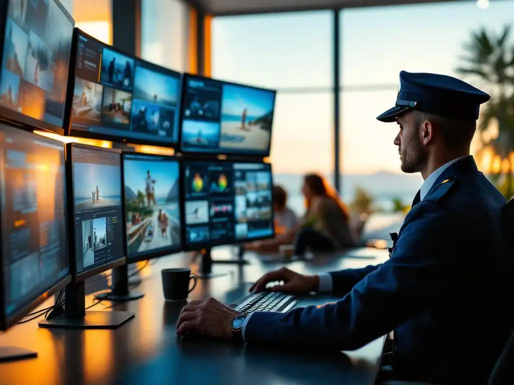 Beveiligingsmedewerker monitort bewakingsschermen in moderne controlekamer terwijl familie ontspant op zonnig strand op achtergrond