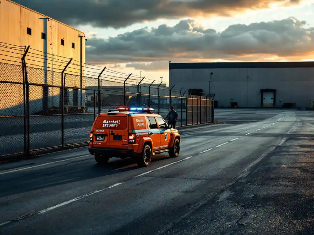 Oranje Marshall Security patrouillevoertuig geparkeerd bij industrieel complex terwijl beveiligingsmedewerker perimeter controleert
