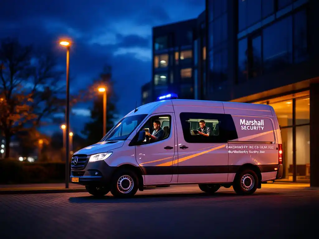 Witte Marshall Security patrouillewagen geparkeerd voor modern kantoorgebouw bij schemering met beveiligingsmedewerker