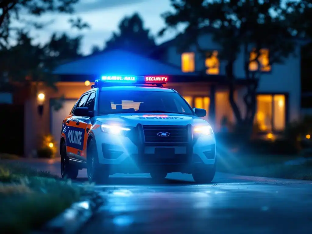 Marshall Security patrouillevoertuig met oranje en blauwe markeringen geparkeerd bij moderne woning tijdens schemering
