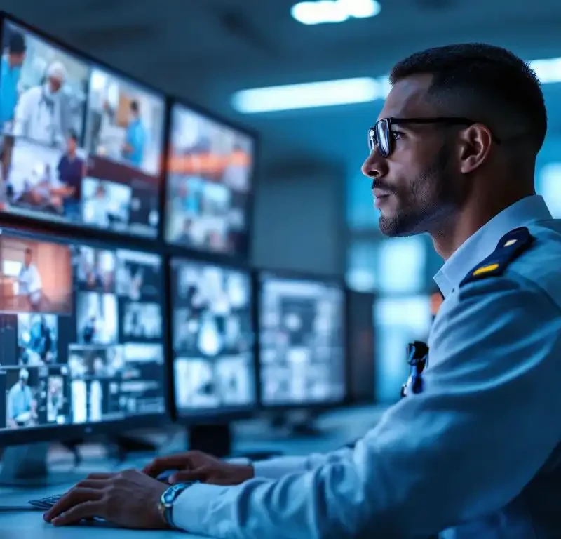 Beveiligingsprofessional in uniform bewaakt meerdere schermen met zorgfaciliteit camerabeelden in moderne controlekamer