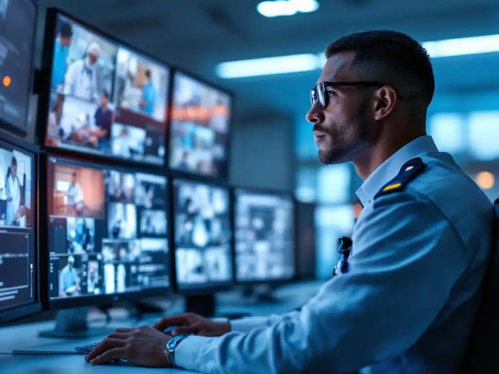 Beveiligingsprofessional in uniform bewaakt meerdere schermen met zorgfaciliteit camerabeelden in moderne controlekamer