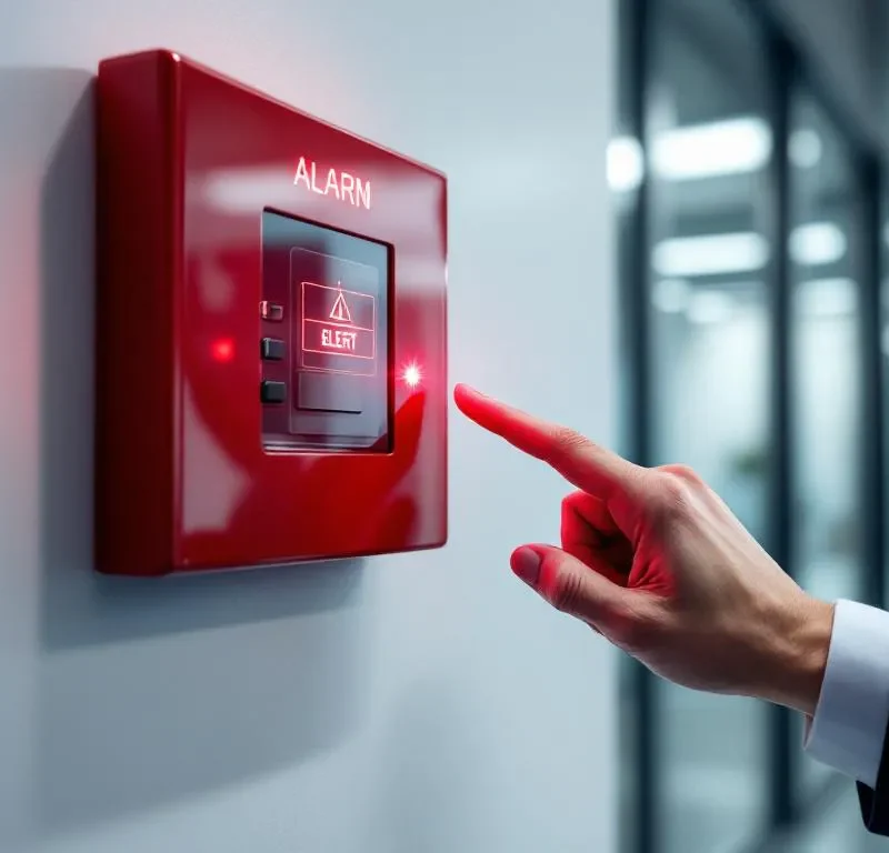 Beveiligingsbeambte bedient rood alarmcontrolepaneel met knipperende waarschuwingslamp in moderne kantooromgeving