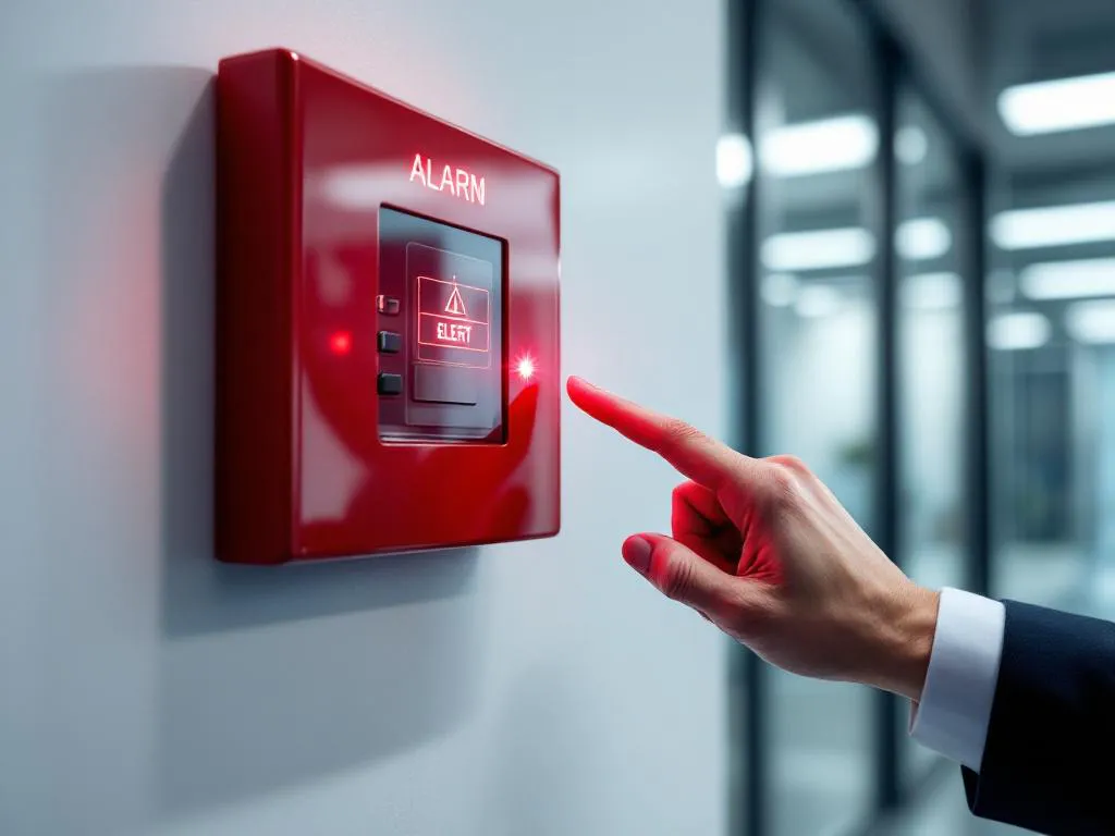 Beveiligingsbeambte bedient rood alarmcontrolepaneel met knipperende waarschuwingslamp in moderne kantooromgeving