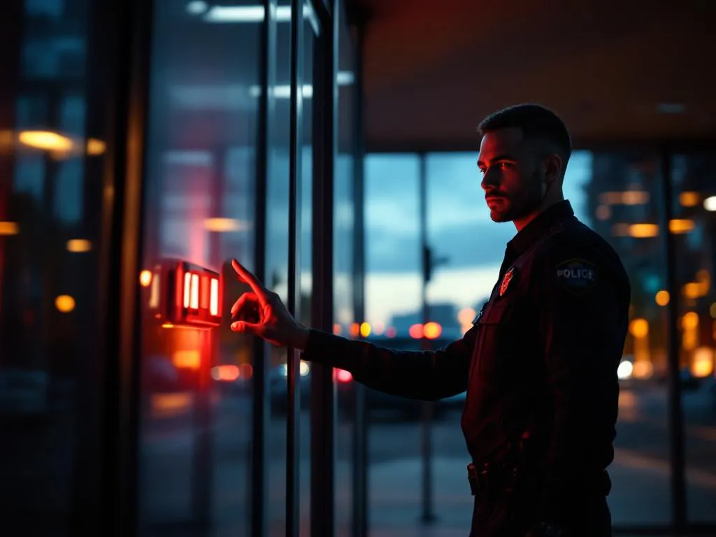 Beveiligingsbeambte in donker uniform activeert rood alarmpaneel bij glazen kantoorgebouw ingang tijdens schemering