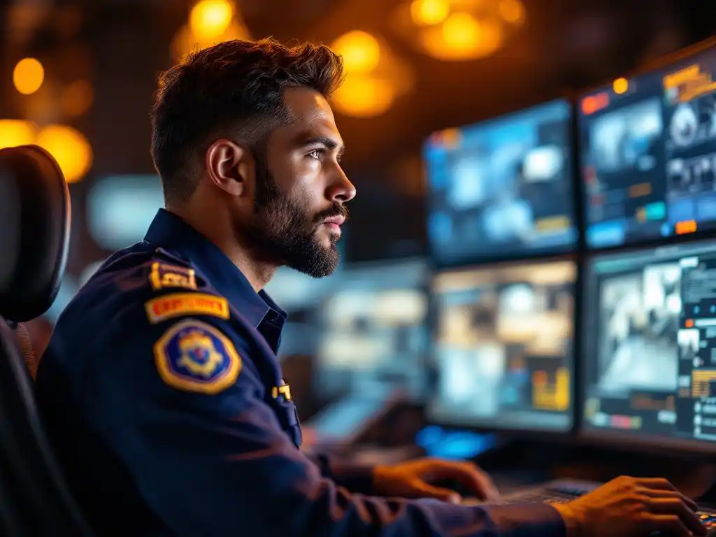 Gecertificeerde beveiligingsbeambte in uniform bewaakt meerdere surveillanceschermen in moderne controlekamer met amber verlichting