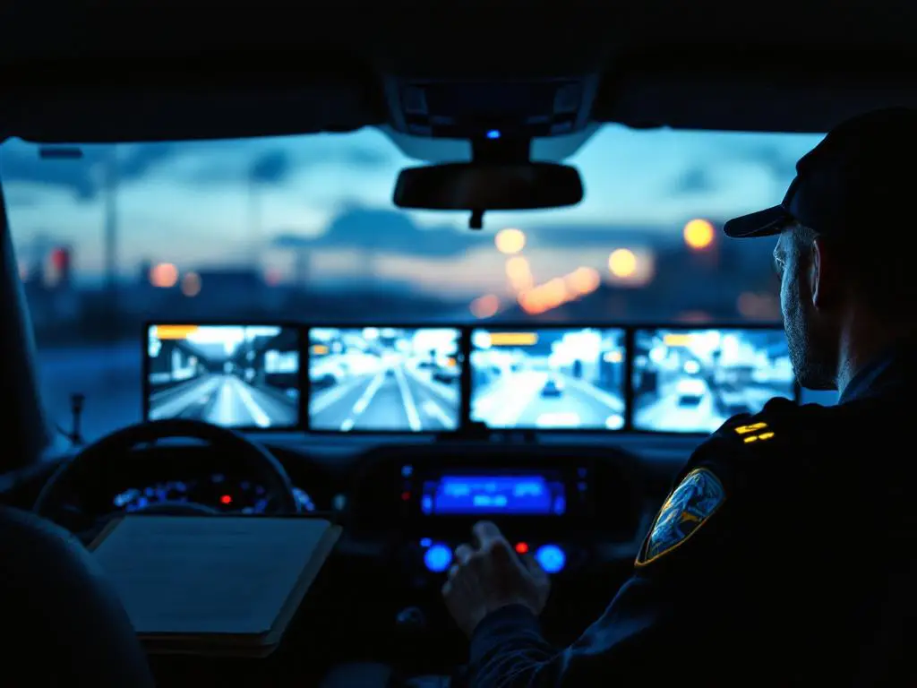 Beveiligingsbeambte monitort smartphone-schermen met live camerabeelden in moderne surveillancewagen bij schemering