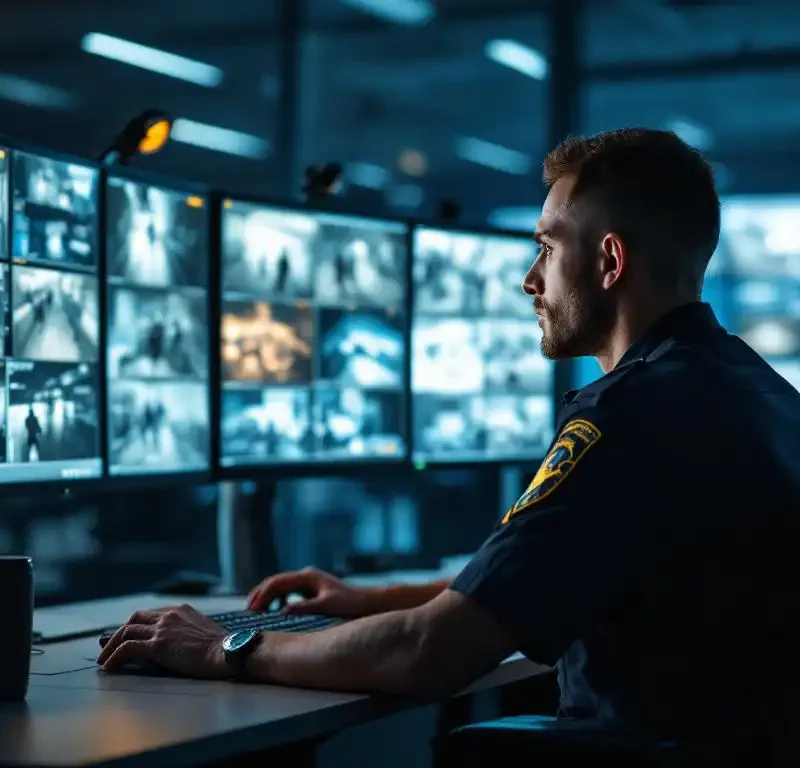 Beveiligingsmedewerker in donker uniform bewaakt meerdere surveillanceschermen in moderne beveiligingscentrale met amber monitorgloed